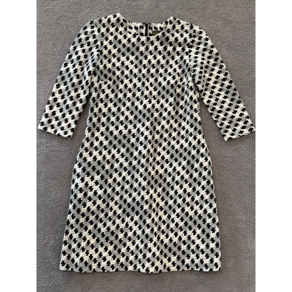 Taylor Dress S Black White Houndstooth Knit 3/4 Sleeve Textured Lined Mod